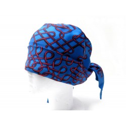 CHAPEAU HERMES BANDEAU EN SOIE BLEU MOTIFS ROUGE COUVRE TETE BLUE SILK HAT 350€