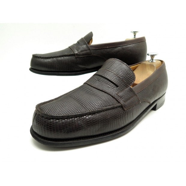 CHAUSSURES JM WESTON MOCASSINS 180 9.5D 43.5 CUIR LEZARD CUIR MARRON SHOES 1650€