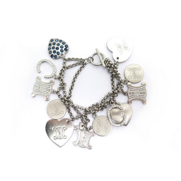 NEUF BRACELET CELINE BRELOQUES LOGO 18 CM EN METAL ARGENTE & STRASS CHARMS 790€