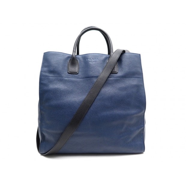 SAC A MAIN PRADA GRAND CABAS EN CUIR GRAINE BLEU NOIR BANDOULIERE TOTE BAG 1300€