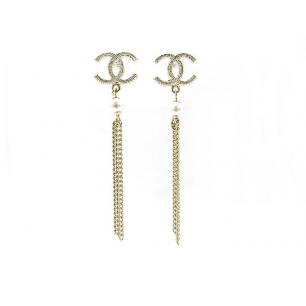 NEUF BOUCLES D'OREILLES CHANEL LOGO CC PERLE PENDANTES METAL DORE EARRINGS 420€