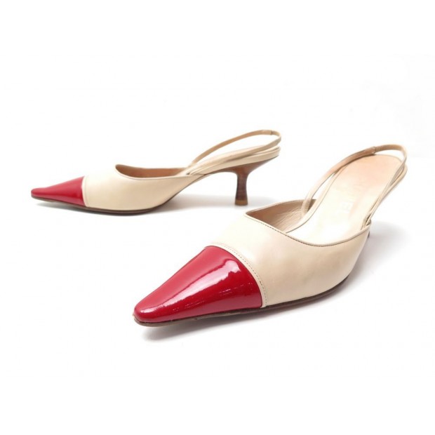 CHAUSSURES CHANEL ESCARPINS SLINGBACK 37.5 CUIR BEIGE ROUGE + BOITE SHOES 690€