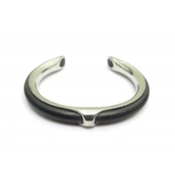 VINTAGE BRACELET HERMES KYOTO TAILLE 17 EN RHODIUM & EN CUIR GRIS BANGLE 320€