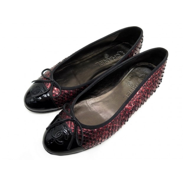 CHAUSSURES CHANEL BALLERINES 37.5 G02819 CUIR PYTHON ROUGE + BOITE SHOES 1330€