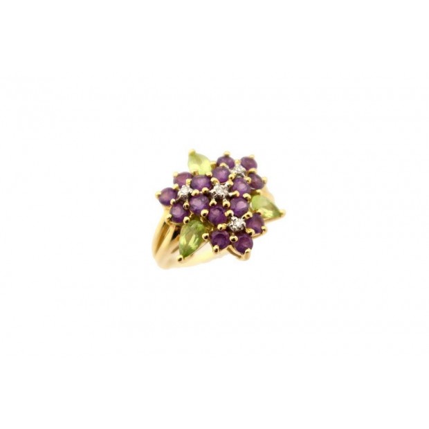 BAGUE OR JAUNE 18 CT AMETHYSTE DIAMANTS QUARTZ VERT 