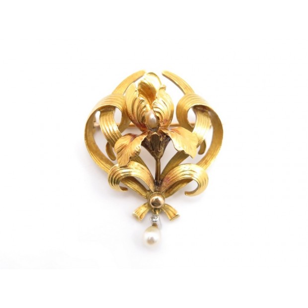 BROCHE EN OR JAUNE 18K FLEURS AVEC PERLES 17 GR 