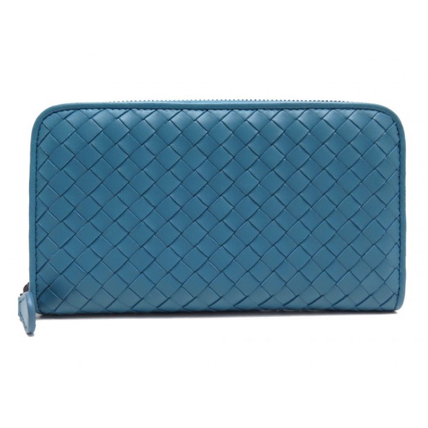 NEUF PORTEFEUILLE BOTTEGA VENETA ZIPPE MM EN NAPPA INTRECCIATO EN CUIR BLEU 620€