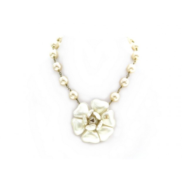 COLLIER CHANEL CAMELIA MOTHER OF PEARL 47 CM EN PERLES ECRU NECKLACE JEWEL 1590€