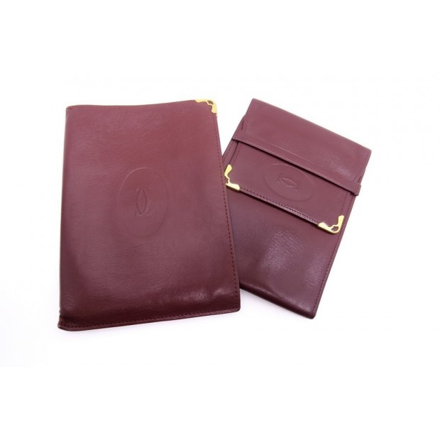 VINTAGE LOT PORTE CARTES + PORTEFEUILLE MUST DE CARTIER EN CUIR BORDEAUX WALLET