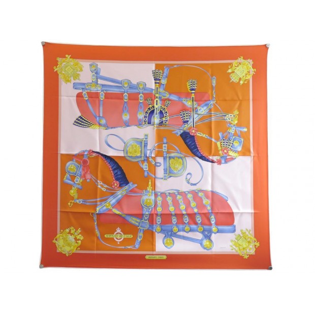 NEUF FOULARD HERMES HARNAIS DE COUR CARRE 90 LEDOUX SOIE ORANGE SILK SCARF 370€