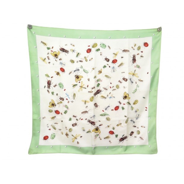 FOULARD HERMES LES INSECTES CARRE 90 HUGO GRYGKAR EN SOIE VERT SILK SCARF 370€