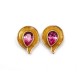 VINTAGE BOUCLES D'OREILLES YVES SAINT LAURENT A CLIP METAL DORE ET PIERRES ROSES