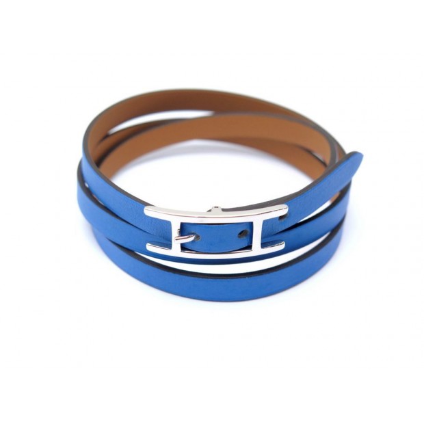 NEUF BRACELET HERMES HAPI 3 TRIPLE TOUR T19 S EN CUIR BLEU + BOITE JEWEL 295€
