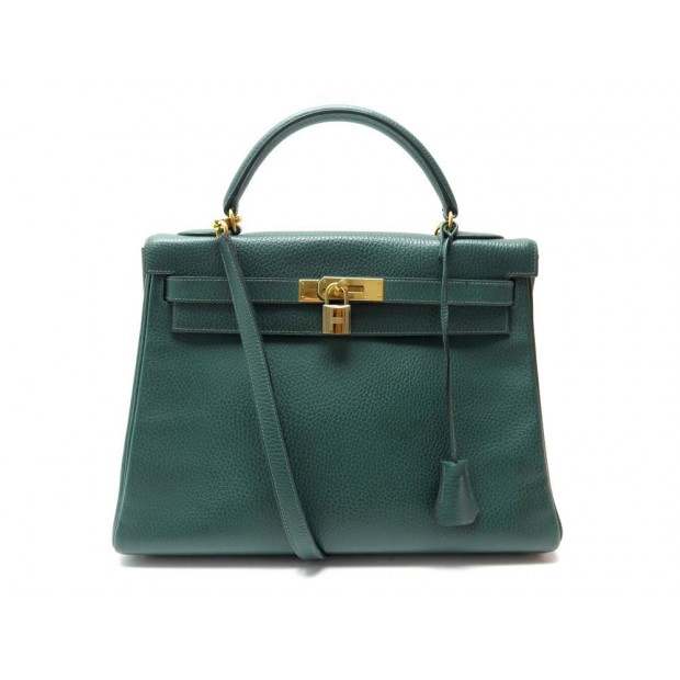 SAC A MAIN HERMES KELLY 32 BANDOULIERE CUIR GRAINE VERT 