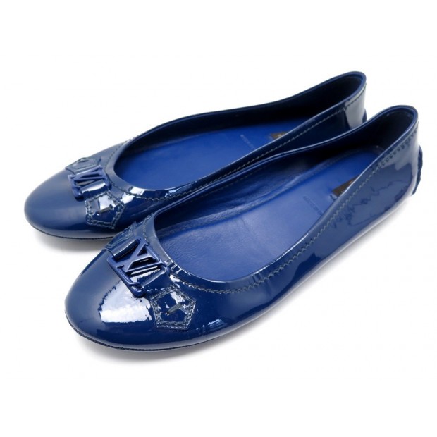 NEUF CHAUSSURES LOUIS VUITTON OXFORD 41 BALLERINES EN CUIR VERNI BLEU SHOES 450€