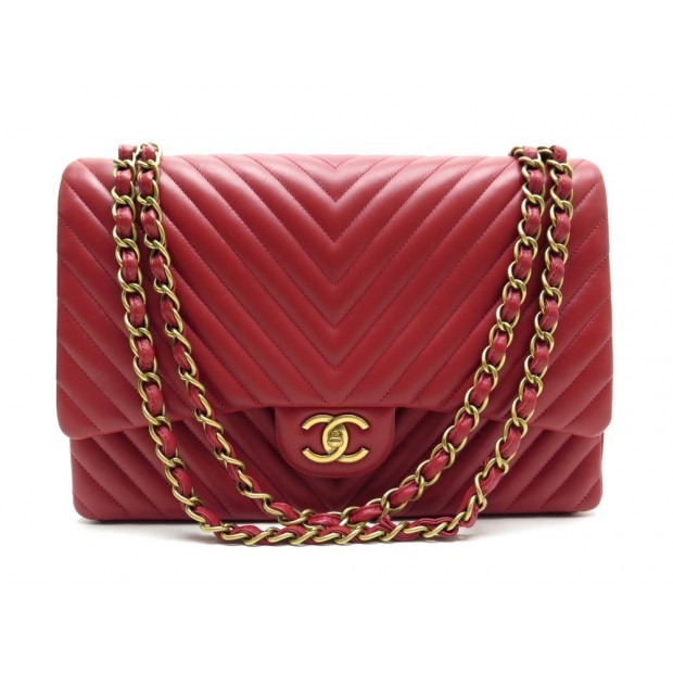 NEUF SAC CHANEL TIMELESS MAXI JUMBO CUIR CHEVRONS ROUGE 