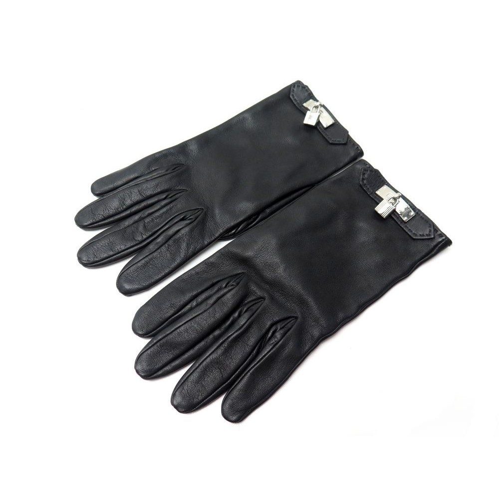 gants hermes soya taille 7.5 en cuir noir cadenas