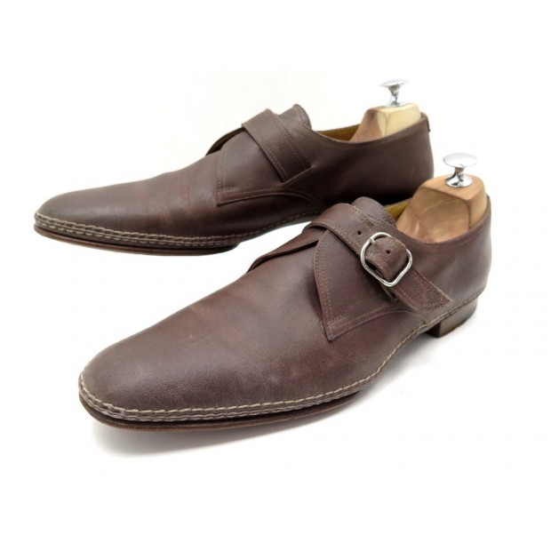 CHAUSSURES HERMES 44 MOCASSINS A BOUCLE CUIR MARRON LEATHER LOAFERS SHOES 750€