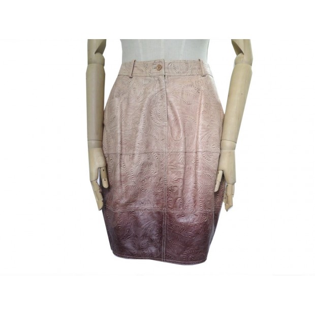 NEUF JUPE CHRISTIAN DIOR 34 S EN CUIR BEIGE GRAVE ENGRAVED LEATHER SKIRT 4000€