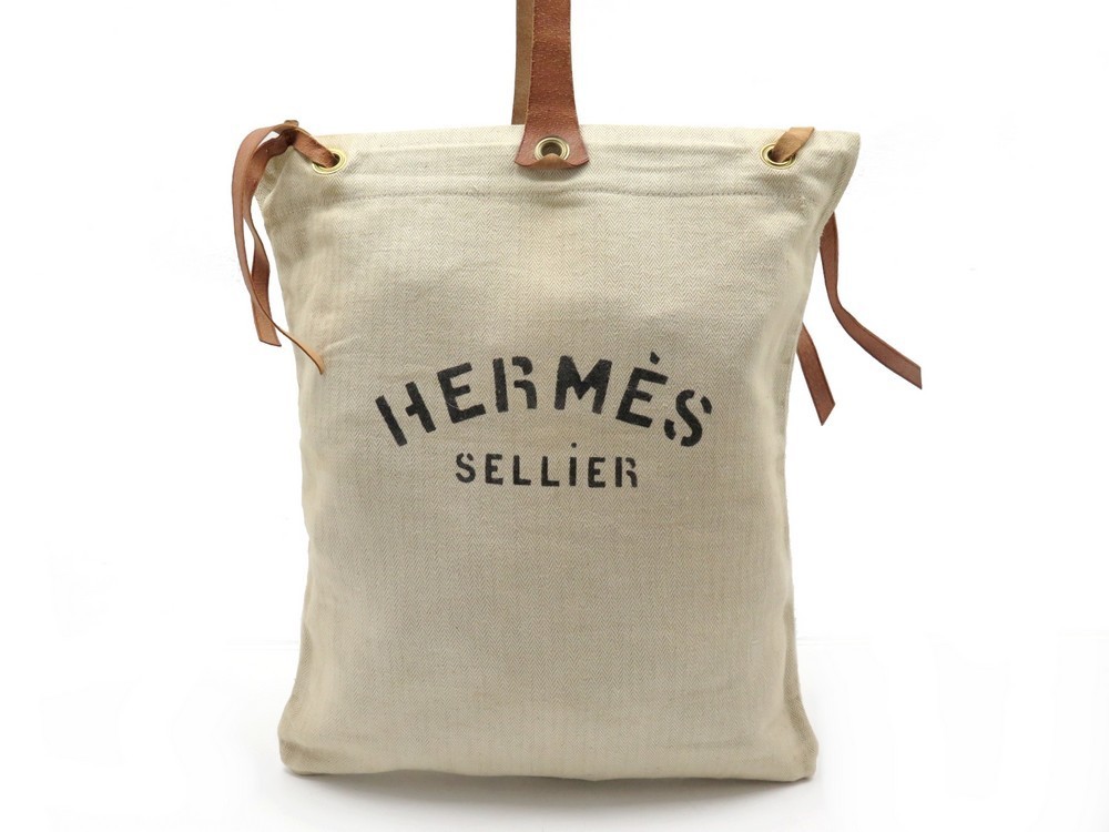 HERMES SAC DE PANSAGE Bucket Shoulder Bag Toile Chevron Craie AR