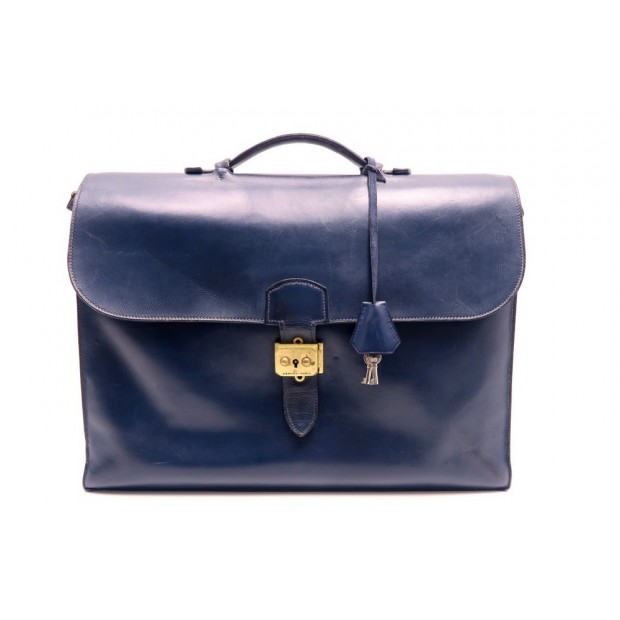  VINTAGE SAC A DEPECHES HERMES CUIR BOX BLEU 