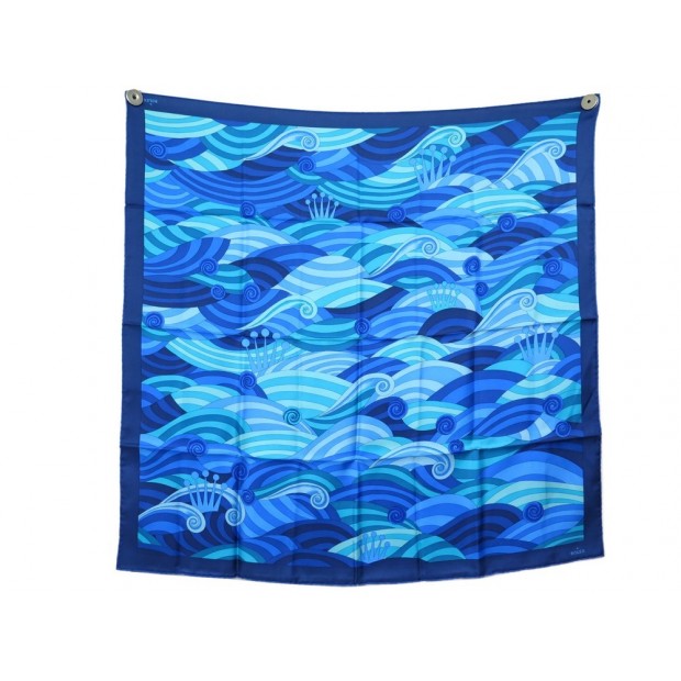 NEUF FOULARD ROLEX MONTRE MOTIFS VAGUES CARRE 90 EN SOIE BLEU NEW SILK SCARF