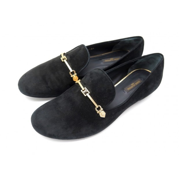 CHAUSSURES LOUIS VUITTON 38 MOCASSINS DAIM NOIR BLACK SUEDE LEATHER LOAFERS 420€