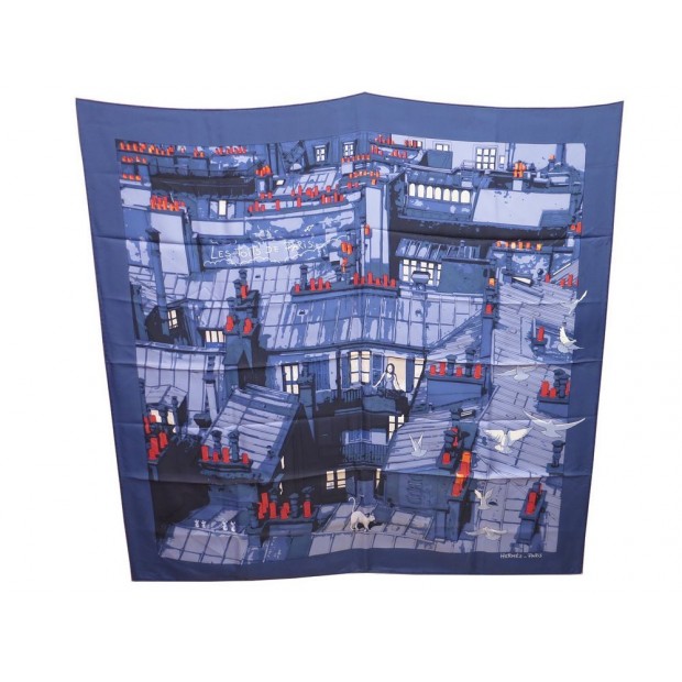 RARE FOULARD HERMES LES TOITS DE PARIS CARRE EN SOIE BLEU BOITE BLUE SILK SCARF