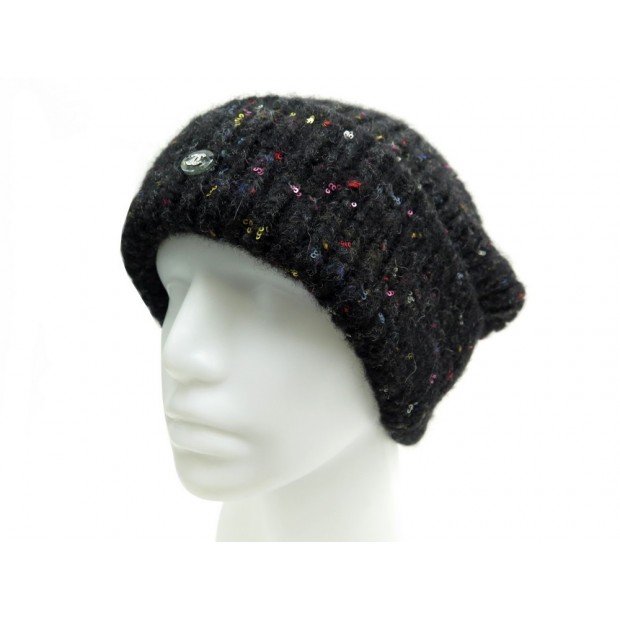 NEUF BONNET CHANEL P57033 SEQUINS TAILLE M EN LAINE ALPAGA NOIR WOOL BEANIE 470€