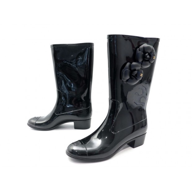 BOTTES CHANEL PLUIE CAMELIA CAOUTCHOUC NOIR 