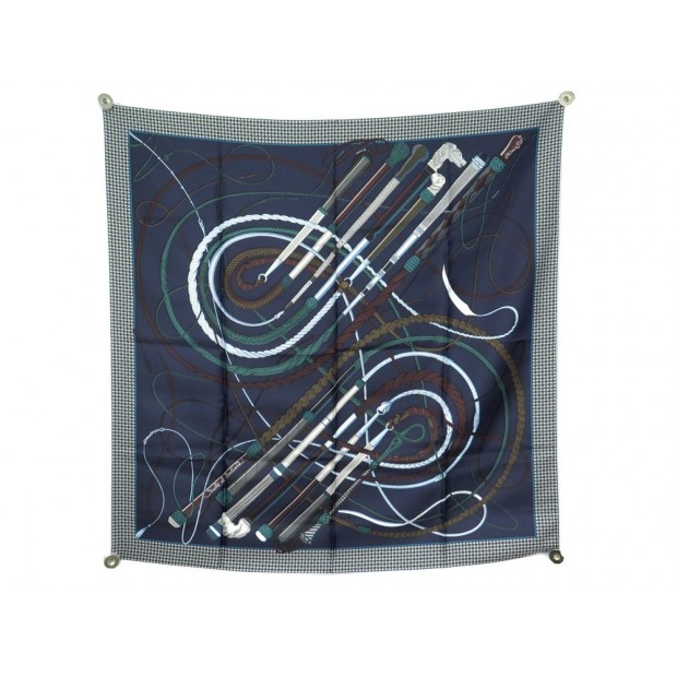 NEUF FOULARD HERMES FOUETS ET BADINES VIRGINIE JAMIN SOIE BLEU +BOITE SCARF 370€