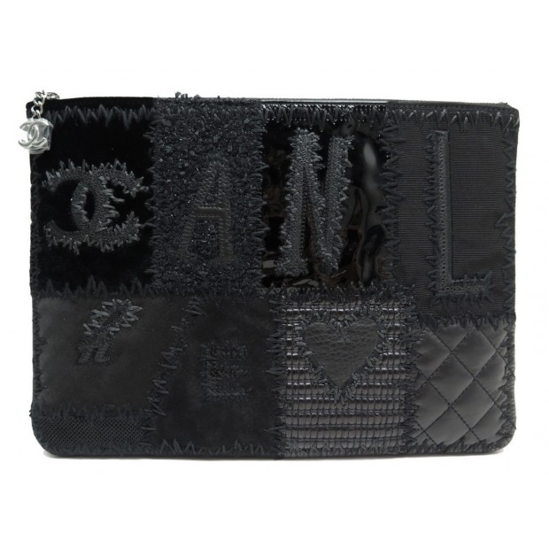 NEUF POCHETTE CHANEL O-CASE PATCHWORK A81180 EN CUIR NOIR + BOITE CLUTCH 1050€