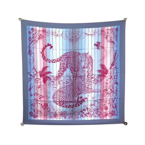 NEUF FOULARD HERMES JUNGLE LOVE RAINBOW H003369S EN SOIE BLEU ROSE + BOITE 375€