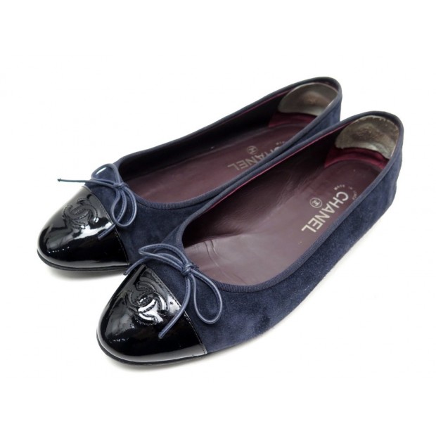 CHAUSSURES CHANEL LOGO CC G02819 BALLERINES 40.5 DAIM BLEU CUIR NOIR +BOITE 590€