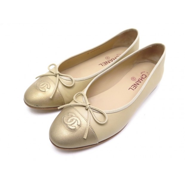 CHAUSSURES CHANEL LOGO CC G02819 BALLERINES 40.5 CUIR BEIGE + BOITE SHOES 590€