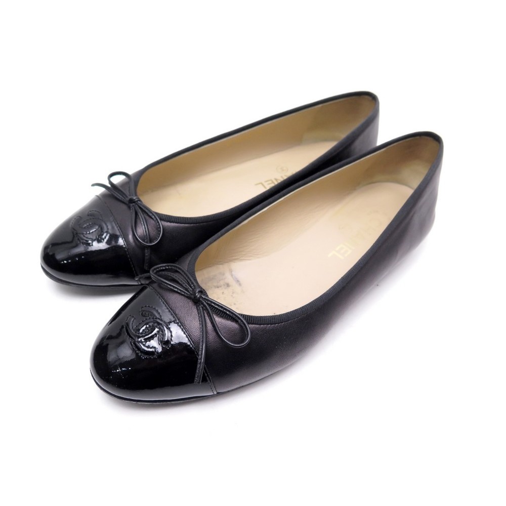 $1075 New Chanel Black Patent Leather PEARLS CC Ballerina Flats Shoes 40.5  37