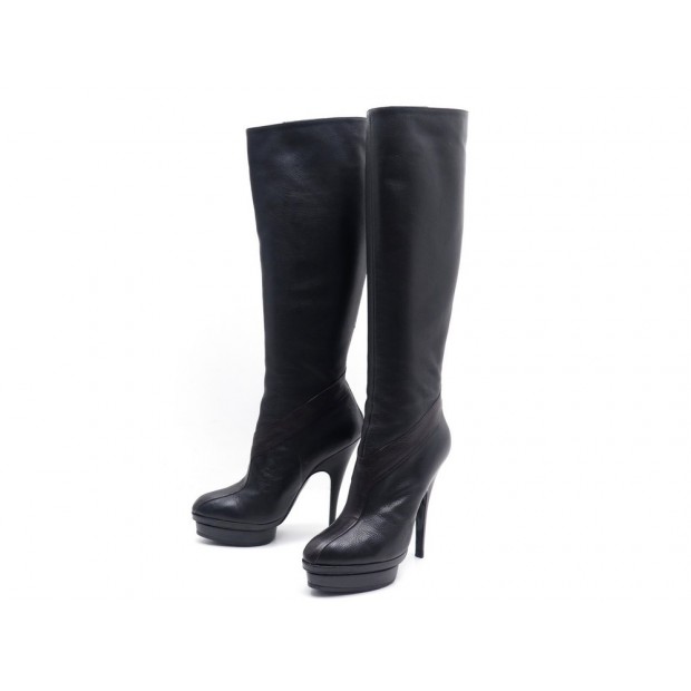 CHAUSSURES YVES SAINT LAURENT 39 BOTTES A TALONS CUIR GRAINE NOIR + BOITE 1295€