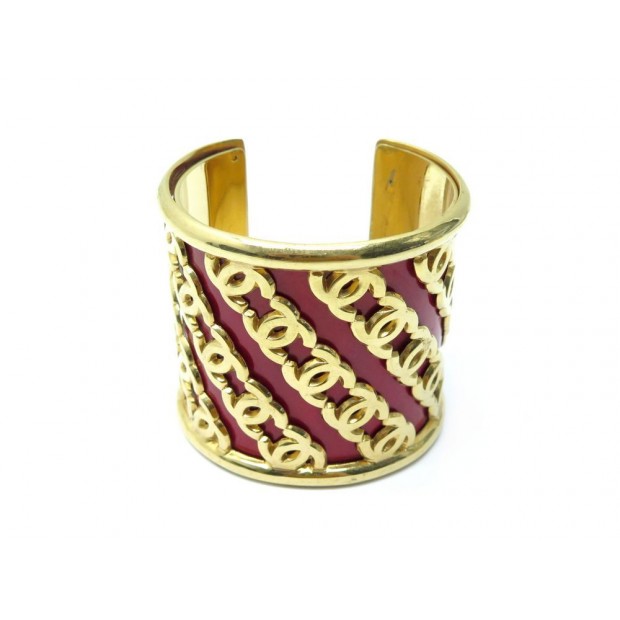 VINTAGE BRACELET CHANEL MANCHETTE LOGO CC METAL DORE LAQUE ROUGE 