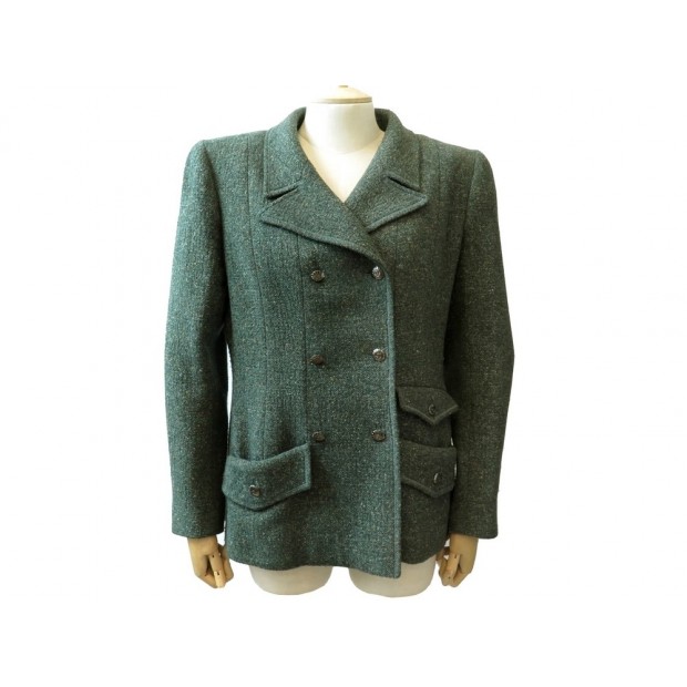 VESTE CHANEL TAILLE 42 L P09585 TWEED DE LAINE VERT BOUTONS LOGO CC JACKET 4200€