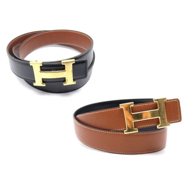 CEINTURE HERMES BOUCLE H DORE LIEN REVERSIBLE T90 EN CUIR BOX ET EPSOM BELT 635€