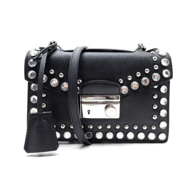 SAC PRADA CUIR NOIR STUDS ET BANDOULIERE 