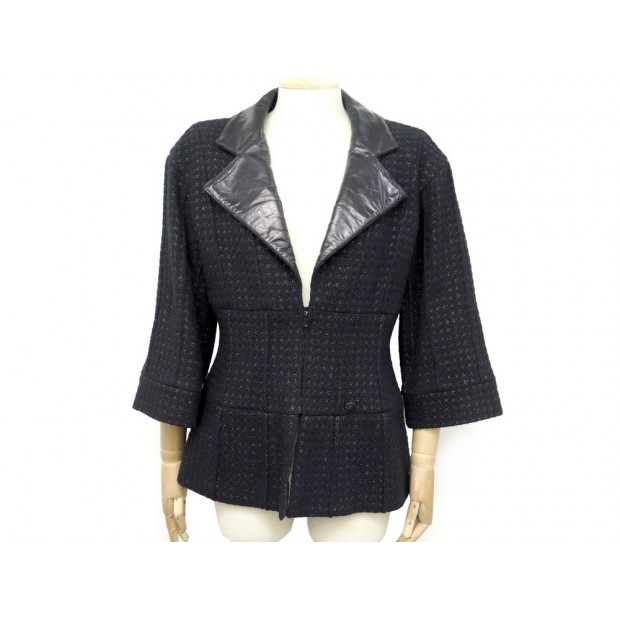 NEUF VESTE CHANEL P50250 42 L EN TWEED DE LAINE & CUIR DE VEAU NEW JACKET 4800€