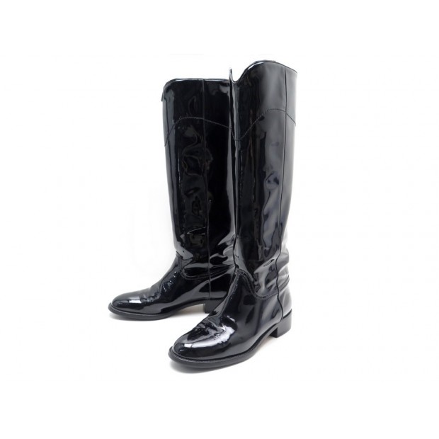 CHAUSSURES CHANEL CAVALIERES G26069 BOTTES LOGO CC 40.5 CUIR VERNI BOOTS 1890€