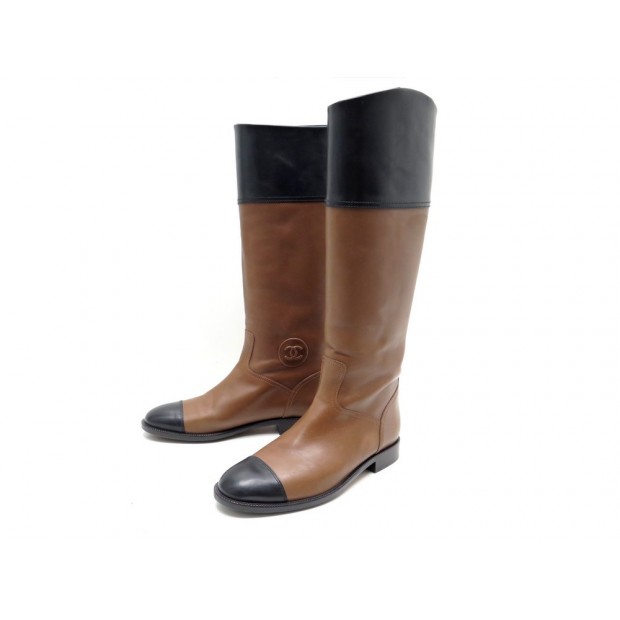 CHAUSSURES CHANEL CAVALIERES G26562 BOTTES 40.5 EN CUIR MARRON BOOTS SHOES 1230€