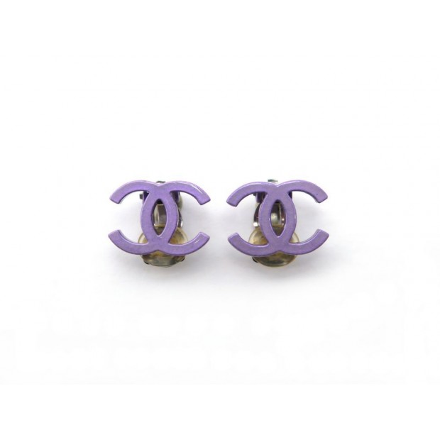 NEUF BOUCLES D OREILLES CHANEL LOGO CC METAL VIOLET PURPLE JEWEL EARRINGS 350€