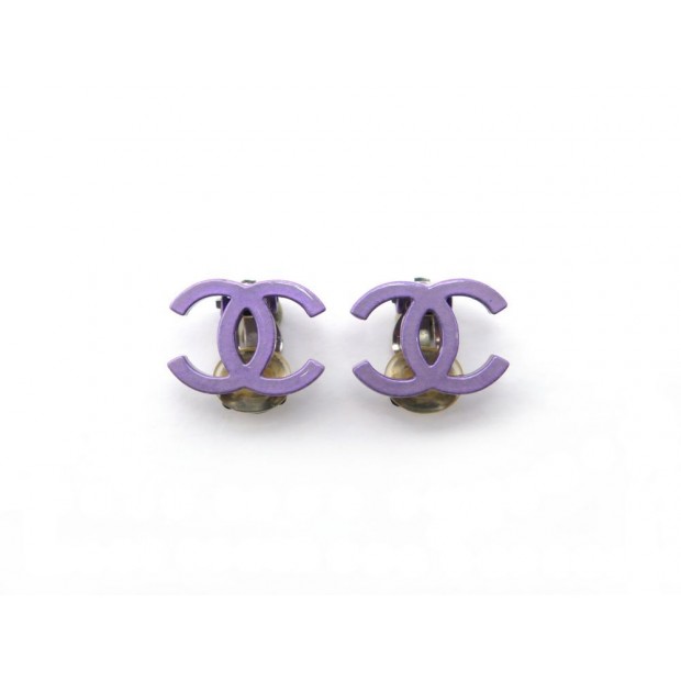 NEUF BOUCLES D OREILLES A CLIP CHANEL LOGO CC METAL VIOLET BIJOU JEWEL EARRINGS