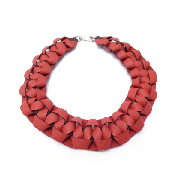 NEUF COLLIER PETIT H HERMES ALICE COZON EN CUIR TRESSE ROUGE 69 CM NEW NECKLACE