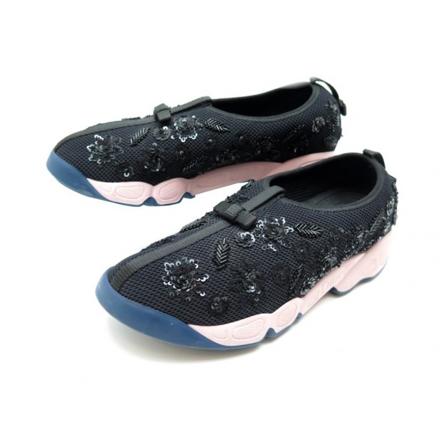 CHAUSSURES DIOR FUSION 39 BASKETS EN TOILE NOIR ET STRASS CANVAS SNEAKERS 890€