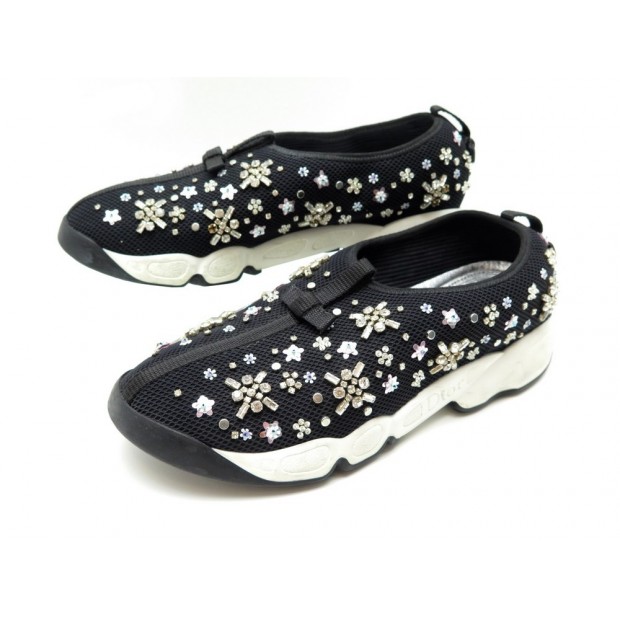 CHAUSSURES DIOR FUSION 40 BASKETS EN TOILE NOIR ET STRASS CANVAS SNEAKERS 890€