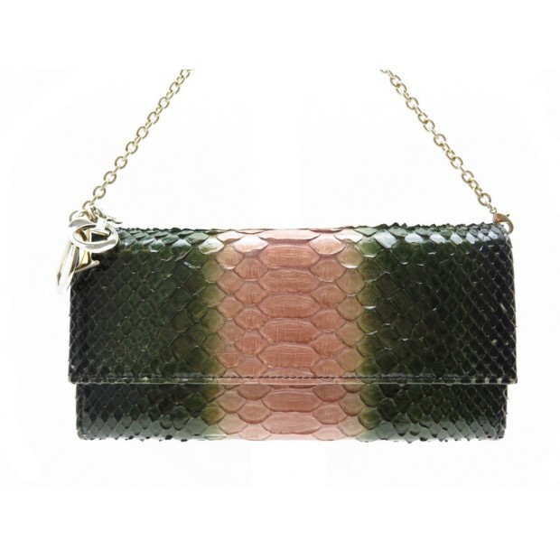 NEUF SAC POCHETTE WOC CHRISTIAN DIOR LADY EN CUIR PYTHON VERT & ROSE 